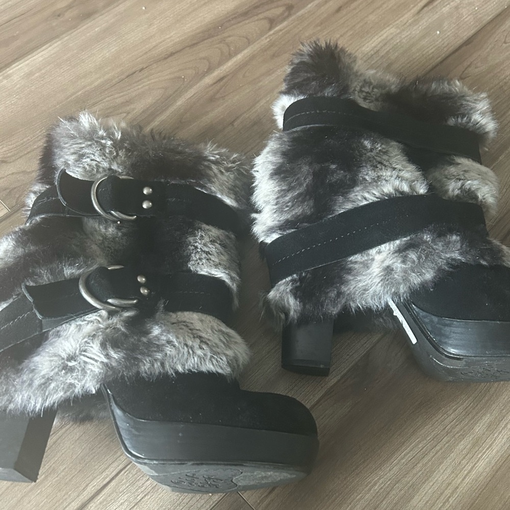 Naughty Monkey Black and Gray Faux Fur Buckle Boots - Picture 2 of 2